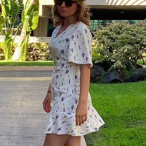 White dress with lavender flowers.